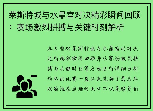 莱斯特城与水晶宫对决精彩瞬间回顾：赛场激烈拼搏与关键时刻解析